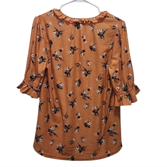 MELLODAY Orange with Black Floral Ruffle Neck Puff Sleeve Blouse Size M Office - Picture 5 of 5